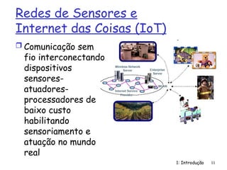 Redes de Sensores e
Internet das Coisas (IoT)
 Comunicação sem
fio interconectando
dispositivos
sensores-
atuadores-
processadores de
baixo custo
habilitando
sensoriamento e
atuação no mundo
real
1: Introdução 11
 