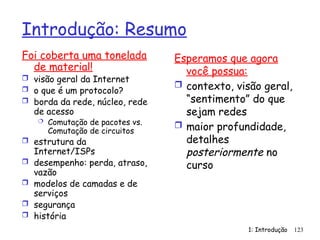 1: Introdução 123
Introdução: Resumo
Foi coberta uma tonelada
de material!
 visão geral da Internet
 o que é um protocolo?
 borda da rede, núcleo, rede
de acesso
 Comutação de pacotes vs.
Comutação de circuitos
 estrutura da
Internet/ISPs
 desempenho: perda, atraso,
vazão
 modelos de camadas e de
serviços
 segurança
 história
Esperamos que agora
você possua:
 contexto, visão geral,
“sentimento” do que
sejam redes
 maior profundidade,
detalhes
posteriormente no
curso
 