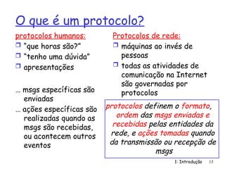 1: Introdução 13
O que é um protocolo?
protocolos humanos:
 “que horas são?”
 “tenho uma dúvida”
 apresentações
… msgs específicas são
enviadas
… ações específicas são
realizadas quando as
msgs são recebidas,
ou acontecem outros
eventos
Protocolos de rede:
 máquinas ao invés de
pessoas
 todas as atividades de
comunicação na Internet
são governadas por
protocolos
protocolos definem o formato,
ordem das msgs enviadas e
recebidas pelas entidades da
rede, e ações tomadas quando
da transmissão ou recepção de
msgs
 