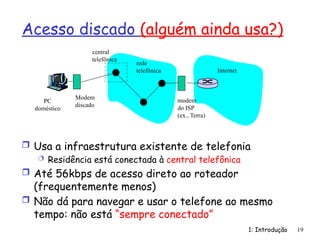 Acesso discado (alguém ainda usa?)
 Usa a infraestrutura existente de telefonia
 Residência está conectada à central telefônica
 Até 56kbps de acesso direto ao roteador
(frequentemente menos)
 Não dá para navegar e usar o telefone ao mesmo
tempo: não está “sempre conectado”
1: Introdução 19
rede
telefônica Internet
Modem
discado
modem
do ISP
(ex., Terra)
PC
doméstico
central
telefônica
 