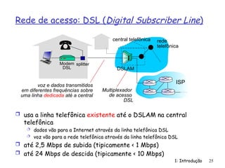 Rede de acesso: DSL (Digital Subscriber Line)
 usa a linha telefônica existente até o DSLAM na central
telefônica
 dados vão para a Internet através da linha telefônica DSL
 voz vão para a rede telefônica através da linha telefônica DSL
 até 2,5 Mbps de subida (tipicamente < 1 Mbps)
 até 24 Mbps de descida (tipicamente < 10 Mbps)
1: Introdução 25
central telefônica
ISP
rede
telefônica
DSLAM
voz e dados transmitidos
em diferentes frequências sobre
uma linha dedicada até a central
Modem
DSL
splitter
Multiplexador
de acesso
DSL
 