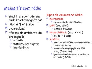 1: Introdução 38
Meios físicos: rádio
 sinal transportado em
ondas eletromagnéticas
 não há “fio” físico
 bidirecional
 efeitos do ambiente de
propagação:
 reflexão
 obstrução por objetos
 interferência
Tipos de enlaces de rádio:
 microondas
 ex.: canais de até 45 Mbps
 LAN (ex., Wifi)
 11Mbps, 54 Mbps
 longa distância (ex., celular)
 ex. 3G, ~ 1 Mbps
 satélite
 canal de até 50Mbps (ou múltiplos
canais menores)
 atraso de propagação de 270
mseg (fim-a-fim)
 geoestacionários versus de baixa
altitude (LEOS)
 