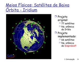 1: Introdução 39
Meios Físicos: Satélites de Baixa
Órbita - Iridium
 Projeto
original:
 77 satélites
 No. atômico
do Irídio
 Projeto
implementado:
 66 satélites
 No. atômico
do Disprósio!!!
 