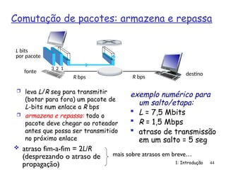 Comutação de pacotes: armazena e repassa
1: Introdução 44
 leva L/R seg para transmitir
(botar para fora) um pacote de
L-bits num enlace a R bps
 armazena e repassa: todo o
pacote deve chegar ao roteador
antes que possa ser transmitido
no próximo enlace
exemplo numérico para
um salto/etapa:
 L = 7,5 Mbits
 R = 1,5 Mbps
 atraso de transmissão
em um salto = 5 seg
mais sobre atrasos em breve…
fonte
R bps
destino
1
2
3
L bits
por pacote
R bps
 atraso fim-a-fim = 2L/R
(desprezando o atraso de
propagação)
 