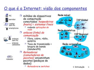 1: Introdução 6
O que é a Internet: visão dos componentes
 milhões de dispositivos
de computação
conectados: hospedeiros
(hosts) = sistemas finais
 rodando aplicações de
rede
 enlaces (links) de
comunicação
 fibra, cobre, rádio,
satélite
 Taxa de transmissão =
largura de banda
(bandwidth)
 Roteadores
(comutadores de
pacotes): encaminham
pacotes (pedaços de
dados)
 Roteadores e switches
smartphone
PC
servidor
Laptop
sem fio
enlaces
cabeados
enlaces
sem fio
roteador
 