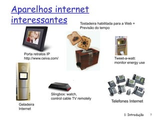 Aparelhos internet
interessantes
1: Introdução 7
Porta retratos IP
http://www.ceiva.com/
Tostadeira habilitada para a Web +
Previsão do tempo
Telefones Internet
Geladeira
Internet
Slingbox: watch,
control cable TV remotely
Tweet-a-watt:
monitor energy use
 