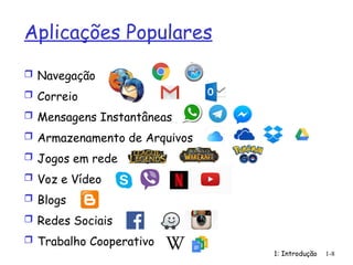 1: Introdução 1-8
Aplicações Populares
 Navegação
 Correio
 Mensagens Instantâneas
 Armazenamento de Arquivos
 Jogos em rede
 Voz e Vídeo
 Blogs
 Redes Sociais
 Trabalho Cooperativo
 