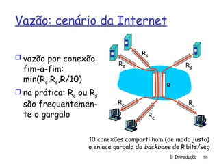 1: Introdução 86
Vazão: cenário da Internet
10 conexões compartilham (de modo justo)
o enlace gargalo do backbone de R bits/seg
Rs
Rs
Rs
Rc
Rc
Rc
R
 vazão por conexão
fim-a-fim:
min(Rc,Rs,R/10)
 na prática: Rc ou Rs
são frequentemen-
te o gargalo
 