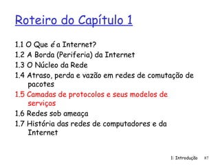 1: Introdução
Roteiro do Capítulo 1
1.1 O Que é a Internet?
1.2 A Borda (Periferia) da Internet
1.3 O Núcleo da Rede
1.4 Atraso, perda e vazão em redes de comutação de
pacotes
1.5 Camadas de protocolos e seus modelos de
serviços
1.6 Redes sob ameaça
1.7 História das redes de computadores e da
Internet
87
 