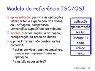1: Introdução 93
Modelo de referência ISO/OSI
 apresentação: permite às aplicações
interpretar o significado dos dados,
ex., cifragem, compressão,
convenções específicas de máquina
 sessão: sincronização, verificação,
recuperação da troca de dados
 a pilha Internet não contém estas
camadas!
 estes serviços, caso necessários,
devem ser implementados na
aplicação
 eles são necessários?
aplicação
apresentação
sessão
transporte
rede
enlace
física
 