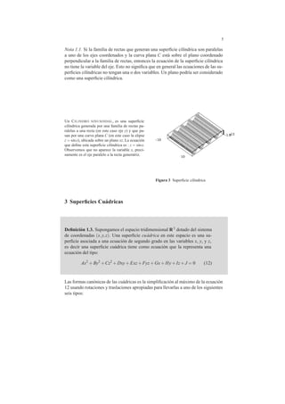5
Nota 1.1. Si la familia de rectas que generan una superﬁcie cil´ındrica son paralelas
a uno de los ejes coordenados y la curva plana C est´a sobre el plano coordenado
perpendicular a la familia de rectas, entonces la ecuaci´on de la superﬁcie cil´ındrica
no tiene la variable del eje. Esto no signiﬁca que en general las ecuaciones de las su-
perﬁcies cil´ındricas no tengan una o dos variables. Un plano podr´ıa ser considerado
como una superﬁcie cil´ındrica.
Un CILINDRO SINUSOIDAL, es una superﬁcie
cil´ındrica generada por una familia de rectas pa-
ralelas a una recta (en este caso eje y) y que pa-
san por una curva plana C (en este caso la elipse
z = sinx), ubicada sobre un plano xz. La ecuaci´on
que deﬁne esta superﬁcie cil´ındrica es : z = sinx.
Observemos que no aparece la variable x, preci-
samente es el eje paralelo a la recta generatriz.
-1.8-13
-10
10
Figura 3 Superﬁcie cil´ındrica
3 Superﬁcies Cu´adricas
Deﬁnici´on 1.3. Supongamos el espacio tridimensional R3 dotado del sistema
de coordenadas (x,y,z). Una superﬁcie cu ´adrica en este espacio es una su-
perﬁcie asociada a una ecuaci´on de segundo grado en las variables x, y, y z,
es decir una superﬁcie cu´adrica tiene como ecuaci´on que la representa una
ecuaci´on del tipo:
Ax2
+By2
+Cz2
+Dxy+Exz+Fyz+Gx+Hy+Iz+J = 0 (12)
Las formas can´onicas de las cu´adricas es la simpliﬁcaci´on al m´aximo de la ecuaci´on
12 usando rotaciones y traslaciones apropiadas para llevarlas a uno de los siguientes
seis tipos:
 