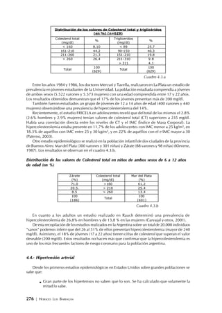 276 | HORACIO LUIS BARRAGÁN
Entre los años 1984 y 1986, los doctores Mercuri y Tavella, realizaron en La Plata un estudio de
prevalencia en jóvenes estudiantes de la Universidad. La población estudiada comprendía a jóvenes
de ambos sexos (5.522 varones y 5.573 mujeres) con una edad comprendida entre 17 y 22 años.
Los resultados obtenidos demuestran que el 17% de los jóvenes presentan más de 200 mg/dl.
También fueron estudiados un grupo de jóvenes de 12 a 14 años de edad (400 varones y 440
mujeres) observándose una prevalencia de hipercolesterolemia del 14%.
Recientemente, el estudio FRICELA en adolescentes reveló que del total de los mismos el 2.8%
(2.6% hombres y 2.9% mujeres) tenían valores de colesterol total (CT) superiores a 235 mg/dl.
Había una correlación directa entre los niveles de CT y el IMC (Índice de Masa Corporal). La
hipercolesterolemia estaba presente en 11.7% de los adolescentes con IMC menor a 25 kg/m², en
18.3% de aquéllos con IMC entre 25 y 30 kg/m², y en 22% de aquéllos con el e IMC mayor a 30
(Paterno, 2003).
Otro estudio epidemiológico se realizó en la población infantil de dos ciudades de la provincia
de Buenos Aires: Mar del Plata (300 varones y 301 niñas) y Zárate (88 varones y 98 niñas) (Klevene,
1987). Los resultados se observan en el cuadro 4.3.b.
Distribución de los valores de Colesterol total en niños de ambos sexos de 6 a 12 años
de edad (en %)
En cuanto a los adultos un estudio realizado en Rauch determinó una prevalencia de
hipercolesterolemia de 26,8% en hombres y de 13,8 % en las mujeres (Carvajal y otros, 2001).
De esta recopilación de los estudios realizados en la Argentina sobre un total de 20.000 individuos
“sanos” podemos inferir que del 26 al 51% de ellos presentan hipercolesterolemia (mayor de 240
mg/dl). Asimismo, el 18% de jóvenes (17 a 22 años) tienen cifras de colesterol que superan el valor
deseable (200 mg/dl). Estos resultados no hacen más que confirmar que la hipercolesterolemia es
uno de los más frecuentes factores de riesgo coronario para la población argentina.
4.4.- Hipertensión arterial
Desde los primeros estudios epidemiológicos en Estados Unidos sobre grandes poblaciones se
sabe que:
Gran parte de los hipertensos no saben que lo son. Se ha calculado que solamente la
mitad lo sabe.
Distribución de los valores de Colesterol total y triglicéridos
(en %) (n=629)
Colesterol total
(mg/dl)
%
Trigliceridos
(mg/dl)
%
< 160 8.10 < 89 25.7
161-210 44.2 90-150 40.3
211-260 21.3 151-210 19.8
> 260 26.4 211-310 9.8
> 311 4.1
Total
100
(629)
Total
100
(629)
Cuadro 4.3.a
Zárate
(%)
Colesterol total
(mg/dl)
Mar del Plata
(%)
71.0 >160 61.2
20.5. > 210 25.4
8.5 > 260 13.4
100
(186)
Total
100
(601)
Cuadro 4.3.b
 