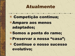 Atualmente Competição continua; Amparo aos menos adaptados; Somos a ponta do ramo; Preservar a nossa “casa”; Continue o nosso sucesso evolutivo; 