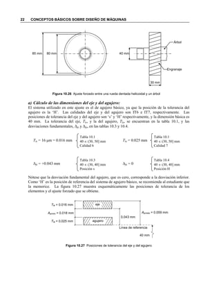 22 CONCEPTOS BÁSICOS SOBRE DISEÑO DE MÁQUINAS
Figura 10.26 Ajuste forzado entre una rueda dentada helicoidal y un árbol
a) Cálculo de las dimensiones del eje y del agujero:
El sistema utilizado en este ajuste es el de agujero básico, ya que la posición de la tolerancia del
agujero es la ‘H’. Las calidades del eje y del agujero son IT6 e IT7, respectivamente. Las
posiciones de tolerancia del eje y del agujero son ‘s’ y ‘H’ respectivamente, y la dimensión básica es
40 mm. La tolerancia del eje, Tle, y la del agujero, Tla, se encuentran en la tabla 10.1, y las
desviaciones fundamentales, ∆fe y ∆fa, en las tablas 10.3 y 10.4.
Tle = 16 µm = 0.016 mm Tla = 0.025 mm
∆fe = +0.043 mm ∆fa = 0
Nótese que la desviación fundamental del agujero, que es cero, corresponde a la desviación inferior.
Como ‘H’ es la posición de referencia del sistema de agujero básico, se recomienda al estudiante que
la memorice. La figura 10.27 muestra esquemáticamente las posiciones de tolerancia de los
elementos y el ajuste forzado que se obtiene.
Figura 10.27 Posiciones de tolerancia del eje y del agujero
30 mm
40 mm
Árbol
Engranaje
85 mm 80 mm
Tabla 10.1
40 ∈ (30, 50] mm
Calidad 6
Tabla 10.1
40 ∈ (30, 50] mm
Calidad 7
Tabla 10.3
40 ∈ (30, 40] mm
Posición s
Tabla 10.4
40 ∈ (30, 40] mm
Posición H
Aprmín = 0.018 mm
Tle = 0.016 mm
Tla = 0.025 mm
Aprmáx = 0.059 mm
0.043 mm
Línea de referencia
40 mm
eje
agujero
 