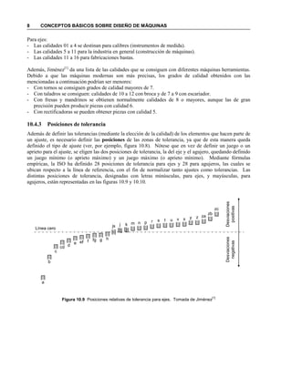 8 CONCEPTOS BÁSICOS SOBRE DISEÑO DE MÁQUINAS
Para ejes:
- Las calidades 01 a 4 se destinan para calibres (instrumentos de medida).
- Las calidades 5 a 11 para la industria en general (construcción de máquinas).
- Las calidades 11 a 16 para fabricaciones bastas.
Además, Jiménez[1]
da una lista de las calidades que se consiguen con diferentes máquinas herramientas.
Debido a que las máquinas modernas son más precisas, los grados de calidad obtenidos con las
mencionadas a continuación podrían ser menores:
- Con tornos se consiguen grados de calidad mayores de 7.
- Con taladros se consiguen: calidades de 10 a 12 con broca y de 7 a 9 con escariador.
- Con fresas y mandrinos se obtienen normalmente calidades de 8 o mayores, aunque las de gran
precisión pueden producir piezas con calidad 6.
- Con rectificadoras se pueden obtener piezas con calidad 5.
aaaaaaaaaa
10.4.3 Posiciones de tolerancia
Además de definir las tolerancias (mediante la elección de la calidad) de los elementos que hacen parte de
un ajuste, es necesario definir las posiciones de las zonas de tolerancia, ya que de esta manera queda
definido el tipo de ajuste (ver, por ejemplo, figura 10.8). Nótese que en vez de definir un juego o un
aprieto para el ajuste, se eligen las dos posiciones de tolerancia, la del eje y el agujero, quedando definido
un juego mínimo (o aprieto máximo) y un juego máximo (o aprieto mínimo). Mediante fórmulas
empíricas, la ISO ha definido 28 posiciones de tolerancia para ejes y 28 para agujeros, las cuales se
ubican respecto a la línea de referencia, con el fin de normalizar tanto ajustes como tolerancias. Las
distintas posiciones de tolerancia, designadas con letras minúsculas, para ejes, y mayúsculas, para
agujeros, están representadas en las figuras 10.9 y 10.10.
Figura 10.9 Posiciones relativas de tolerancia para ejes. Tomada de Jiménez
[1]
a
b
c
cd d
e ef f fg g h
zc
zb
zazyxvutsrpnmkjjs
Línea cero Desviaciones
negativas
Desviaciones
positivas
 