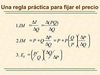 Una regla práctica para fijar el precio






∆
∆





=






∆
∆






+=
∆
∆
+=
∆
∆
=
∆
∆I
=
P
Q
Q
PE
Q
P
P
Q
PP
Q
P
QPIM
Q
PQ
Q
IM
d.3
.2
)(
.1
 