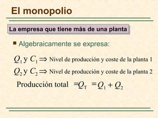  Algebraicamente se expresa:
La empresa que tiene más de una plantaLa empresa que tiene más de una planta
El monopolio
Producción total Q1 + Q2QT
Q1 y C1 ⇒ Nivel de producción y coste de la planta 1
==
Q2 y C2 ⇒ Nivel de producción y coste de la planta 2
 