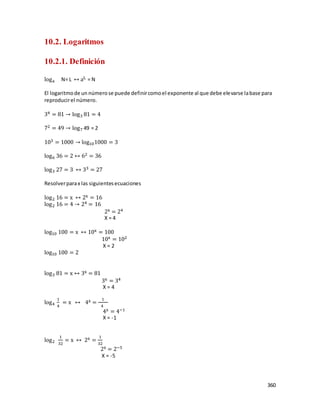 360
10.2. Logaritmos
10.2.1. Definición
loga N= L ↔ aL = N
El logaritmode un númerose puede definircomoel exponente al que debe elevarse labase para
reproducirel número.
34 = 81 → log3 81 = 4
72 = 49 → log7 49 = 2
103 = 1000 → log101000 = 3
log6 36 = 2 ↔ 62 = 36
log3 27 = 3 ↔ 33 = 27
Resolverparax las siguientesecuaciones
log2 16 = x ↔ 2x = 16
log2 16 = 4 → 24 = 16
2x = 24
X = 4
log10 100 = x ↔ 10x = 100
10x = 102
X = 2
log10 100 = 2
log3 81 = x ↔ 3x = 81
3x = 34
X = 4
log4
1
4
= x ↔ 4x =
1
4
4x = 4−1
X = -1
log2
1
32
= x ↔ 2x =
1
32
2x = 2−5
X = -5
 