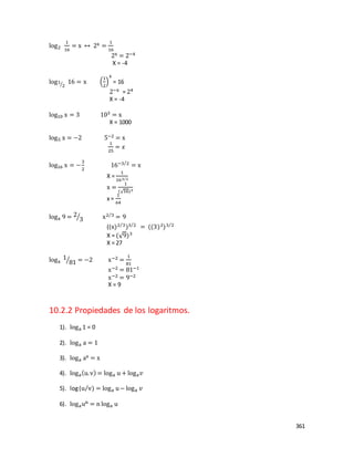 361
log2
1
16
= x ↔ 2x =
1
16
2x = 2−4
X = -4
log1
2⁄ 16 = x (
1
2
)
x
= 16
2−x = 24
X = -4
log10 x = 3 103 = x
X = 1000
log5 x = −2 5−2 = x
1
25
= 𝑥
log16 x = −
3
2
16−3 2⁄
= x
X =
1
163 2⁄
x =
1
(√16)3
x =
1
64
logx 9 = 2
3⁄ x2 3⁄
= 9
((x)2 3⁄
)3 2⁄
= ((3)2)3 2⁄
X = (√9)3
X = 27
logx
1
81⁄ = −2 x−2 =
1
81
x−2 = 81−1
x−2 = 9−2
X = 9
10.2.2 Propiedades de los logaritmos.
1). loga 1 = 0
2). loga a = 1
3). loga ax = x
4). loga(u.v) = loga u + loga 𝑣
5). log(u v⁄ ) = loga u− loga 𝑣
6). logaun = n loga u
 