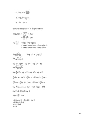 362
7). loga N =
log bn
log ba
8). loga b =
1
log b a
9). alog x a = x
Ejemplos de aplicaciónde las propiedades
log6328 =
log328
log6 = 3,23
=
𝑒𝑛
𝑒𝑛
328
6
= 3,23
log
a b m
c n
= log (ab m)- log (cn)
= loga + logb + logm – (logc + logn)
= loga + logb + logm – logc - logn
log
ab3c2
√a2−b2 log an
= (loga
)n
log
ab3 c2
(a2
−b2
)1 2⁄
log a + log b3 + log c2 −
1
2
log (a2 − b)
log
(
a
b
)2 3⁄
√c3
d2 √e
log(
a
b
)2 3⁄
+ log c1 3⁄
− log d2 − log e1 2⁄
2
3
(log a − log b) +
1
3
log c − 2 log d −
1
2
log e
2
3
log a −
2
3
log b +
1
3
log c − 2log d −
1
2
log e
log 75 conociendo log2 = 0,3 log 3 = 0,48
log52. 3 -2 log 5+log 3
2 log (
10
2
) + log3
= 2 (log10 10 − log 2) + log 3
= 2 (1-0,3) +0,48
= 1,4 + 0,48
= 1,88
 