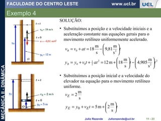 FACULDADE DO CENTRO LESTE www.ucl.br
Julio Rezende Juliorezende@ucl.br
MECÂNICAII-DINÂMICA
Exemplo 4
11 - 23
SOLUÇÃO:
• Substituímos a posição e a velocidade iniciais e a
aceleração constante nas equações gerais para o
movimento retilíneo uniformemente acelerado.
2
2
2
2
1
00
20
s
m
905,4
s
m
18m12
s
m
81,9
s
m
18
ttattvyy
tatvv
B
B






−





+=++=






−=+=
• Substituímos a posição inicial e a velocidade do
elevador na equação para o movimento retilíneo
uniforme.
ttvyy
v
EE
E






+=+=
=
s
m
2m5
s
m
2
0
 