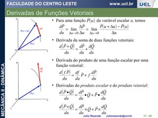 FACULDADE DO CENTRO LESTE www.ucl.br
Julio Rezende Juliorezende@ucl.br
MECÂNICAII-DINÂMICA
• Para uma função da variável escalar u, temos
( ) ( )
u
uPuuP
u
P
du
Pd
uu ∆
−∆+
=
∆
∆
=
→∆→∆

00
limlim
Derivadas de Funções Vetoriais
11 - 36
( )uP

• Derivada da soma de duas funções vetoriais:
( )
du
Qd
du
Pd
du
QPd

+=
+
( )
du
Pd
fP
du
df
du
Pfd



+=
• Derivada do produto de uma função escalar por uma
função vetorial:
• Derivadas do produto escalar e do produto vetorial:
( )
( )
du
Qd
PQ
du
Pd
du
QPd
du
Qd
PQ
du
Pd
du
QPd






×+×=
×
•+•=
•
 