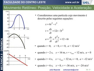 FACULDADE DO CENTRO LESTE www.ucl.br
Julio Rezende Juliorezende@ucl.br
MECÂNICAII-DINÂMICA
Movimento Retilíneo: Posição, Velocidade e Aceleração
11 - 7
• Consideremos uma partícula cujo movimento é
descrito pelas seguintes equações:
32
6 ttx −=
2
312 tt
dt
dx
v −==
t
dt
xd
dt
dv
a 6122
2
−===
• quando t = 0, x = 0, v = 0, a = 12 m/s2
• quando t = 2 s, x = 16 m, v = vmáx = 12 m/s, a = 0
• quando t = 4 s, x = xmáx = 32 m, v = 0, a = -12 m/s2
• quando t = 6 s, x = 0, v = -36 m/s, a = -24 m/s2
 