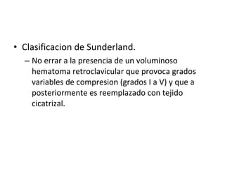 Clasificacion de Sunderland. No errar a la presencia de un voluminoso hematoma retroclavicular que provoca grados variables de compresion (grados I a V) y que a posteriormente es reemplazado con tejido cicatrizal. 
