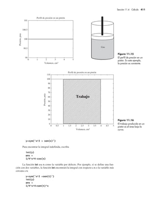 Sección 11.4 Cálculo 411
Para encontrar la integral indefinida, escriba
La función int usa x como la variable por defecto. Por ejemplo, si se define una fun-
ción con dos variables, la función int encontrará la integral con respecto a x o la variable más
cercana a x:
Figura 11.15
El perfil de presión en un
pistón. En este ejemplo,
la presión es constante.
Figura 11.16
El trabajo producido en un
pistón es el área bajo la
curva.
0 1 2 3 4 5
99
99.5
100
100.5
101
Volumen, cm3
Perfil de presión en un pistón
Presión,
psia
Gas
 