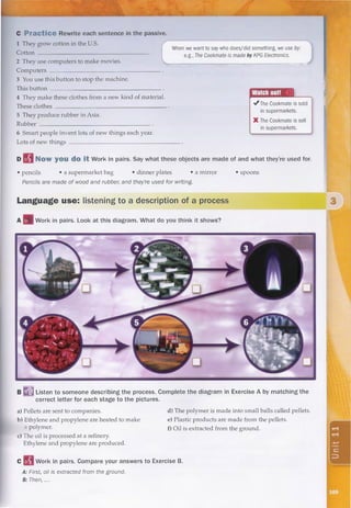 is grown in the US
are used to make movies
is used to stop the machine
are made from a new kind of material
is produced in Asia
are invented by Smart people
meɪd
seɪ diz ob′jikt dər juzd
A supermarket bag is made of plastic and cloth, and it is used to carry things in general
Dinner plates are made of plastic, ceramic, glass and wood, and they're used for food
A mirror is made of glass and silver or aluminum and it is used to look
Spoons are made of plastic and metal and they're used to eat
a
a
f
d e
b
c
1
2
3
4
5
6
was
were
pɛlɪt
 