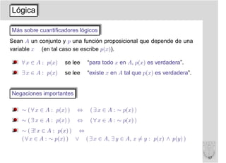 Lógica

Más sobre cuantiﬁcadores lógicos
Sean A un conjunto y p una función proposicional que depende de una
variable x (en tal caso se escribe p(x)).

    ∀ x ∈ A : p(x)   se lee    “para todo x en A, p(x) es verdadera”.
    ∃ x ∈ A : p(x)   se lee    “existe x en A tal que p(x) es verdadera”.


Negaciones importantes

    ∼ ( ∀ x ∈ A : p(x) )   ⇔    ( ∃ x ∈ A : ∼ p(x) )
    ∼ ( ∃ x ∈ A : p(x) )   ⇔    ( ∀ x ∈ A : ∼ p(x) )
    ∼ ( ∃! x ∈ A : p(x) ) ⇔
    ( ∀ x ∈ A : ∼ p(x) ) ∨ ( ∃ x ∈ A, ∃ y ∈ A, x = y : p(x) ∧ p(y) )


                                                                            17
 