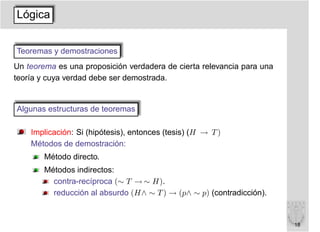 Lógica


Teoremas y demostraciones
Un teorema es una proposición verdadera de cierta relevancia para una
teoría y cuya verdad debe ser demostrada.


Algunas estructuras de teoremas

    Implicación: Si (hipótesis), entonces (tesis) (H → T )
    Métodos de demostración:
        Método directo.
        Métodos indirectos:
          contra-recíproca (∼ T → ∼ H).
          reducción al absurdo (H∧ ∼ T ) → (p∧ ∼ p) (contradicción).


                                                                        18
 
