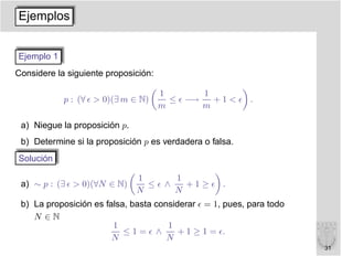 Ejemplos


Ejemplo 1
Considere la siguiente proposición:

                                      1        1
            p : (∀ ǫ > 0)(∃ m ∈ N)      ≤ ǫ −→   +1<ǫ .
                                      m        m

 a) Niegue la proposición p.
 b) Determine si la proposición p es verdadera o falsa.
Solución

                               1      1
 a) ∼ p : (∃ ǫ > 0)(∀N ∈ N)      ≤ǫ ∧   +1≥ǫ .
                               N      N
 b) La proposición es falsa, basta considerar ǫ = 1, pues, para todo
    N ∈N
                        1             1
                           ≤1=ǫ ∧        + 1 ≥ 1 = ǫ.
                        N             N
                                                                       31
 