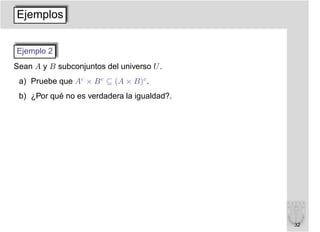 Ejemplos


Ejemplo 2
Sean A y B subconjuntos del universo U .
 a) Pruebe que Ac × B c ⊆ (A × B)c .
 b) ¿Por qué no es verdadera la igualdad?.




                                             32
 