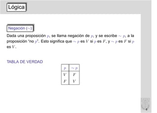 Lógica


Negación (∼)
Dada una proposición p, se llama negación de p, y se escribe ∼ p, a la
proposición “no p”. Esto signiﬁca que ∼ p es V si p es F , y ∼ p es F si p
es V .


TABLA DE VERDAD
                                 p   ∼p
                                V     F
                                F     V




                                                                             6
 