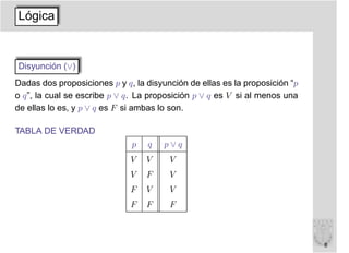 Lógica


Disyunción (∨)
Dadas dos proposiciones p y q, la disyunción de ellas es la proposición “p
o q”, la cual se escribe p ∨ q. La proposición p ∨ q es V si al menos una
de ellas lo es, y p ∨ q es F si ambas lo son.

TABLA DE VERDAD
                              p   q   p∨q
                              V   V     V
                              V   F     V
                              F   V     V
                              F   F     F



                                                                             8
 