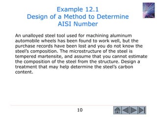 10
An unalloyed steel tool used for machining aluminum
automobile wheels has been found to work well, but the
purchase records have been lost and you do not know the
steel’s composition. The microstructure of the steel is
tempered martensite, and assume that you cannot estimate
the composition of the steel from the structure. Design a
treatment that may help determine the steel’s carbon
content.
Example 12.1
Design of a Method to Determine
AISI Number
 