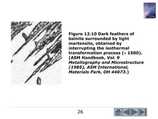 26
Figure 12.10 Dark feathers of
bainite surrounded by light
martensite, obtained by
interrupting the isothermal
transformation process ( 1500).
(ASM Handbook, Vol. 9
Metallography and Microstructure
(1985), ASM International,
Materials Park, OH 44073.)
 