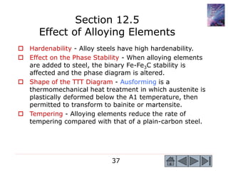 37
 Hardenability - Alloy steels have high hardenability.
 Effect on the Phase Stability - When alloying elements
are added to steel, the binary Fe-Fe3C stability is
affected and the phase diagram is altered.
 Shape of the TTT Diagram - Ausforming is a
thermomechanical heat treatment in which austenite is
plastically deformed below the A1 temperature, then
permitted to transform to bainite or martensite.
 Tempering - Alloying elements reduce the rate of
tempering compared with that of a plain-carbon steel.
Section 12.5
Effect of Alloying Elements
 