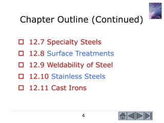 4
 12.7 Specialty Steels
 12.8 Surface Treatments
 12.9 Weldability of Steel
 12.10 Stainless Steels
 12.11 Cast Irons
Chapter Outline (Continued)
 