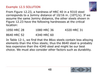 48
Example 12.5 SOLUTION
From Figure 12.23, a hardness of HRC 40 in a 9310 steel
corresponds to a Jominy distance of 10/16 in. (10o
C/s). If we
assume the same Jominy distance, the other steels shown in
Figure 12.23 have the following hardnesses at the critical
location:
1050 HRC 28 1080 HRC 36 4320 HRC 31
8640 HRC 52 4340 HRC 60
In Table 12-1, we find that the 86xx steels contain less alloying
elements than the 43xx steels; thus the 8640 steel is probably
less expensive than the 4340 steel and might be our best
choice. We must also consider other factors such as durability.
 