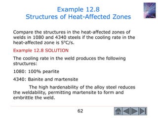 62
Compare the structures in the heat-affected zones of
welds in 1080 and 4340 steels if the cooling rate in the
heat-affected zone is 5o
C/s.
Example 12.8 SOLUTION
The cooling rate in the weld produces the following
structures:
1080: 100% pearlite
4340: Bainite and martensite
The high hardenability of the alloy steel reduces
the weldability, permitting martensite to form and
embrittle the weld.
Example 12.8
Structures of Heat-Affected Zones
 