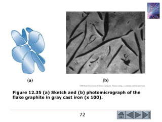 72
©2003 Brooks/Cole, a division of Thomson Learning, Inc. Thomson Learning™ is a trademark used herein under license.
Figure 12.35 (a) Sketch and (b) photomicrograph of the
flake graphite in gray cast iron (x 100).
 