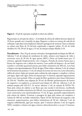 Métodos Físico-Químicos para Análise de Alimentos - 4ª Edição
1ª Edição Digital
524 - IAL
Figura 2.– Funil de separação acoplado à coluna de cádmio.
Regeneração ou ativação da coluna – A atividade da coluna de cádmio decresce depois de
24 horas, quando este é mantido em água. Regenere a coluna no começo de cada dia de
utilização e após duas (uma duplicata) reduções (passagens) de amostras. Passe as soluções
na coluna com fluxo de 10 mL/min respeitando a seguinte ordem: 25 mL de ácido
clorídrico 0,1 M, 50 mL de água e 25 mL de solução-tampão diluída (1+9).
Procedimento – Pese 10 g de amostra triturada e homogeneizada em béquer de 200 mL.
Adicione 5 mL de solução de tetraborato de sódio, misture com baqueta de vidro e
acrescente cerca de 50 mL de água quente (80o
C). Deixe em banho-maria por 15
minutos, agitando freqüentemente com a baqueta. Proceda da mesma forma para o
branco de reagentes sem a adição da amostra. Com auxílio da baqueta e de um funil,
transfira o conteúdo quantitativamente para balão volumétrico de 200 mL. Lave bem
o béquer com aproximadamente 50 mL de água. Deixe esfriar e adicione 5 mL de solução
de ferrocianeto de potássio e 5 mL de solução de acetato de zinco (ou como alternativa,
sulfato de zinco). Agite por rotação após a adição de cada reagente e complete o volume
com água. Agite com vigor. Deixe em repouso por 15 minutos, agitando vigorosamente
várias vezes nesse período. Filtre em papel de filtro qualitativo para frasco Erlenmeyer
de 250 mL. Transfira uma alíquota de 20 mL do filtrado (primeiramente do branco
de reagentes e na seqüência, as amostras) para béquer de 100 mL. Adicione 5 mL da
solução-tampão pH (9,6-9,7). Se turvar, adicione 2 mL de solução de EDTA 5%.
Passe pela coluna de cádmio a um fluxo que não exceda 6 mL/minuto, recolhendo
diretamente em balão volumétrico de 100 mL. Lave as paredes do béquer no mínimo três
vezes consecutivas com aproximadamente 15 mL de água, passando seqüencialmente
pela coluna de cádmio. Continue a passagem de água pela coluna até completar o
volume de 100 mL no balão volumétrico. Pipete 10 mL (do branco de reagentes e das
amostras), respectivamente, para balões volumétricos de 50 mL. Adicione 5 mL de
reagente sulfanilamida, agite por rotação, após 5 minutos adicione 3 mL de reagente
NED, complete o volume com água, misture e deixe desenvolver a cor por 15 minutos.
 