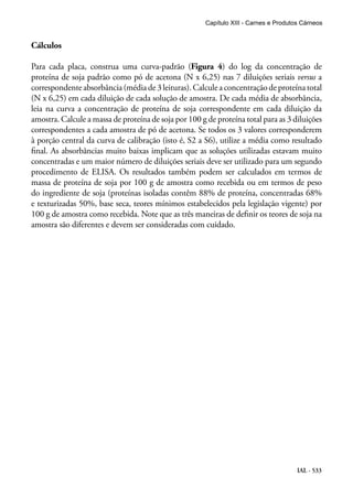IAL - 533
Cálculos
Para cada placa, construa uma curva-padrão (Figura 4) do log da concentração de
proteína de soja padrão como pó de acetona (N x 6,25) nas 7 diluições seriais versus a
correspondenteabsorbância(médiade3leituras).Calculeaconcentraçãodeproteínatotal
(N x 6,25) em cada diluição de cada solução de amostra. De cada média de absorbância,
leia na curva a concentração de proteína de soja correspondente em cada diluição da
amostra. Calcule a massa de proteína de soja por 100 g de proteína total para as 3 diluições
correspondentes a cada amostra de pó de acetona. Se todos os 3 valores corresponderem
à porção central da curva de calibração (isto é, S2 a S6), utilize a média como resultado
final. As absorbâncias muito baixas implicam que as soluções utilizadas estavam muito
concentradas e um maior número de diluições seriais deve ser utilizado para um segundo
procedimento de ELISA. Os resultados também podem ser calculados em termos de
massa de proteína de soja por 100 g de amostra como recebida ou em termos de peso
do ingrediente de soja (proteínas isoladas contêm 88% de proteína, concentradas 68%
e texturizadas 50%, base seca, teores mínimos estabelecidos pela legislação vigente) por
100 g de amostra como recebida. Note que as três maneiras de definir os teores de soja na
amostra são diferentes e devem ser consideradas com cuidado.
Capítulo XIII - Carnes e Produtos Cárneos
 