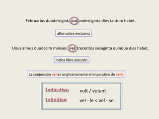 Unus annus duodecim menses vel trecentos sexaginta quinque dies habet.
Februarius duodetriginta aut undetriginta dies tantum habet.
indica libre elección
alternativa exclusiva
La conjunción vel es originariamente el imperativo de velle
vult / volunt
vel - le < vel - se
 