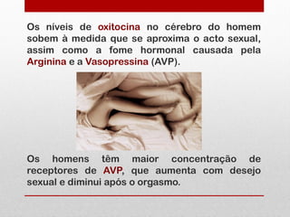 Os níveis de oxitocina no cérebro do homem
sobem à medida que se aproxima o acto sexual,
assim como a fome hormonal causada pela
Arginina e a Vasopressina (AVP).




Os homens têm maior concentração de
receptores de AVP, que aumenta com desejo
sexual e diminui após o orgasmo.
 