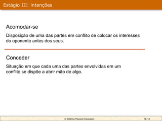 Estágio III: intenções



 Acomodar-se
 Disposição de uma das partes em conflito de colocar os interesses
 do oponente antes dos seus.


 Conceder
 Situação em que cada uma das partes envolvidas em um
 conflito se dispõe a abrir mão de algo.




                             © 2006 by Pearson Education             14–14
 