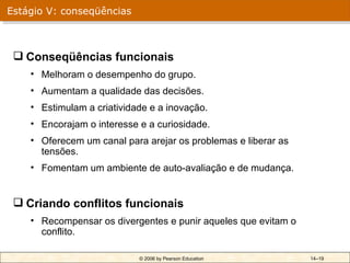 Estágio V: conseqüências



  Conseqüências funcionais
    • Melhoram o desempenho do grupo.
    • Aumentam a qualidade das decisões.
    • Estimulam a criatividade e a inovação.
    • Encorajam o interesse e a curiosidade.
    • Oferecem um canal para arejar os problemas e liberar as
      tensões.
    • Fomentam um ambiente de auto-avaliação e de mudança.


  Criando conflitos funcionais
    • Recompensar os divergentes e punir aqueles que evitam o
      conflito.

                            © 2006 by Pearson Education         14–19
 