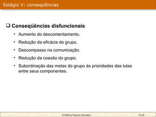 Estágio V: conseqüências



  Conseqüências disfuncionais
    • Aumento do descontentamento.
    • Redução da eficácia do grupo.
    • Descompasso na comunicação.
    • Redução da coesão do grupo.
    • Subordinação das metas do grupo às prioridades das lutas
      entre seus componentes.




                           © 2006 by Pearson Education           14–20
 